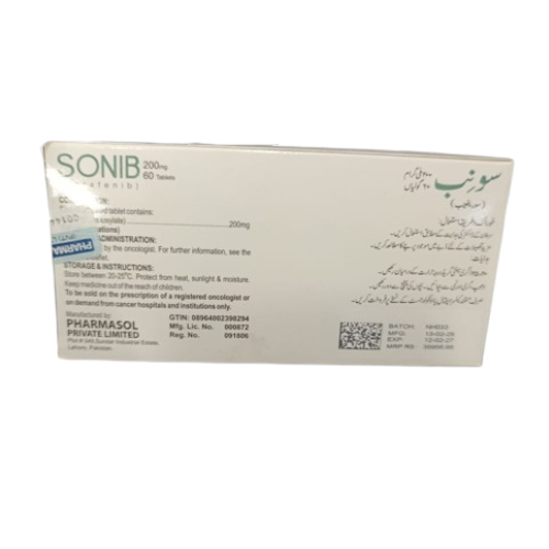 <strong>SONIB 200MG </strong> <strong>(BP Specs.)</strong> The mechanism of action of sorafenib is that it blocks various kinases- proteins that facilitate the development of cancer cells and aid in helping tumors to develop new blood vessels (angiogenesis). This inhibition of the pathways by SONIB retards or prevents tumor development. SONIB 200MG SONIB 200MG - Image 3