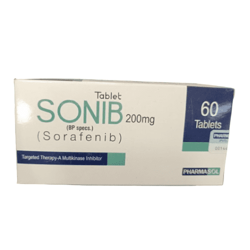 <strong>SONIB 200MG </strong> <strong>(BP Specs.)</strong> The mechanism of action of sorafenib is that it blocks various kinases- proteins that facilitate the development of cancer cells and aid in helping tumors to develop new blood vessels (angiogenesis). This inhibition of the pathways by SONIB retards or prevents tumor development. SONIB 200MG SONIB 200MG